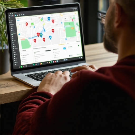 Business owner reviewing local SEO analytics with maps and digital tools.