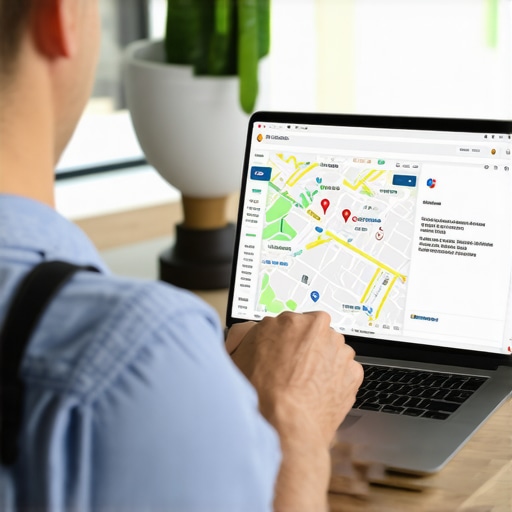 Business owner reviewing Google Maps ranking data on laptop in office