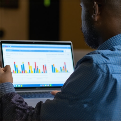 Business owner studying SEO analytics on laptop during evening