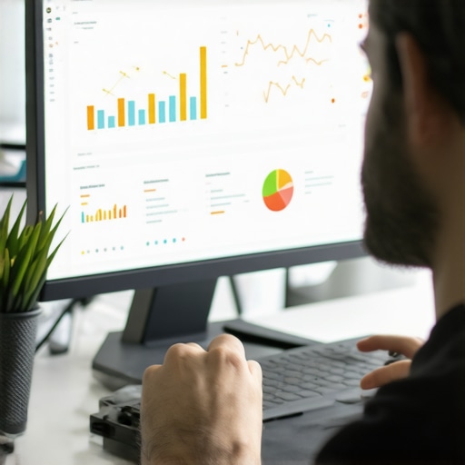 A professional SEO expert reviewing Google My Business analytics on a monitor.