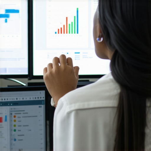 Digital marketing professional reviewing Google Maps ranking metrics on multiple screens.