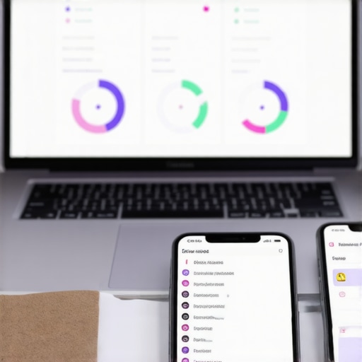 A workspace with tools for maintaining Google My Business rankings, including laptop analytics, review notifications, and citation tools.