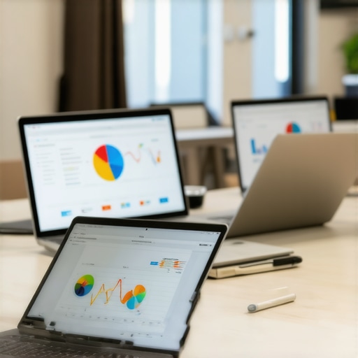 Team working on Google My Business profile optimization with charts and laptops.