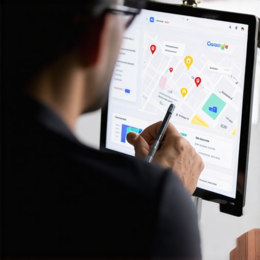 Business owner analyzing local map rankings on a digital dashboard