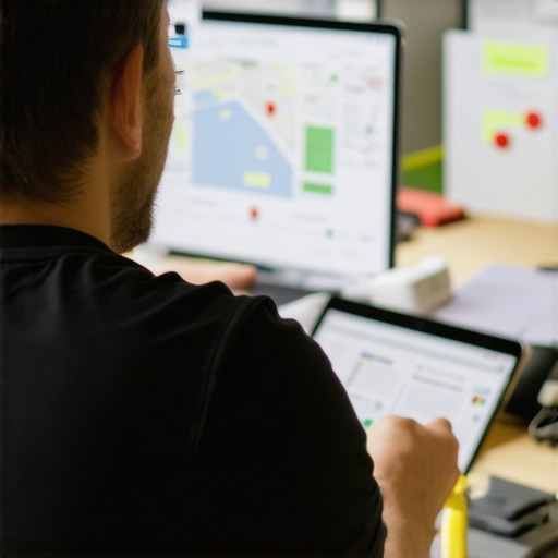 SEO specialist analyzing local map pack strategies with a laptop and charts.