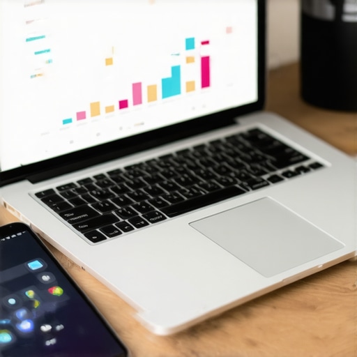 Desk setup with devices displaying local SEO analytics and management tools.