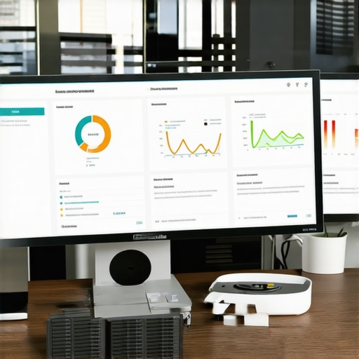 Workspace with computers displaying SEO analytics and review management dashboards.