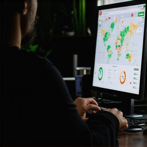 A professional reviewing local SEO analytics on a computer for map ranking improvements.