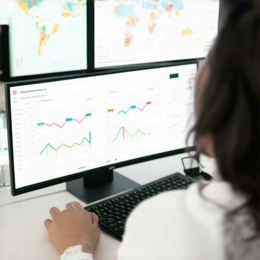 Person working on SEO analytics for local map rankings with charts on screens