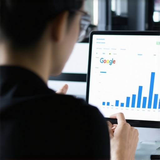 Business owner analyzing Google My Business performance with upward trending chart