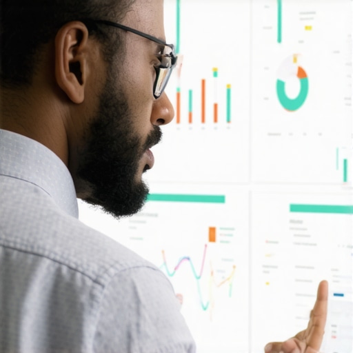Business analyst reviewing local SEO performance on screen with maps and charts.