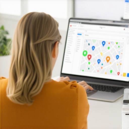 Person adjusting business information on a laptop with maps and SEO charts displayed.