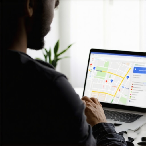 Business owner working on Google My Business profile on a laptop, with graphs showing local search rankings.