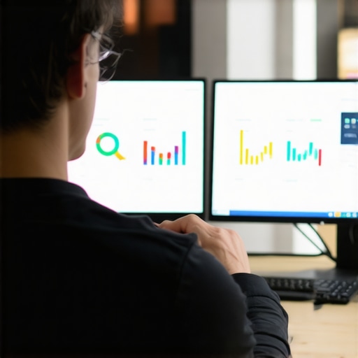 Person analyzing local SEO metrics on computer monitors for map ranking success.