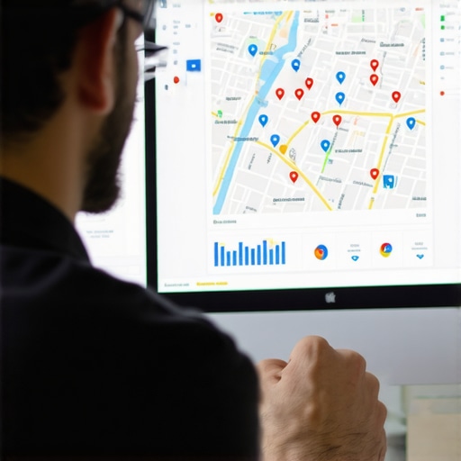 A marketer reviewing local SEO data and maps for optimization strategies.