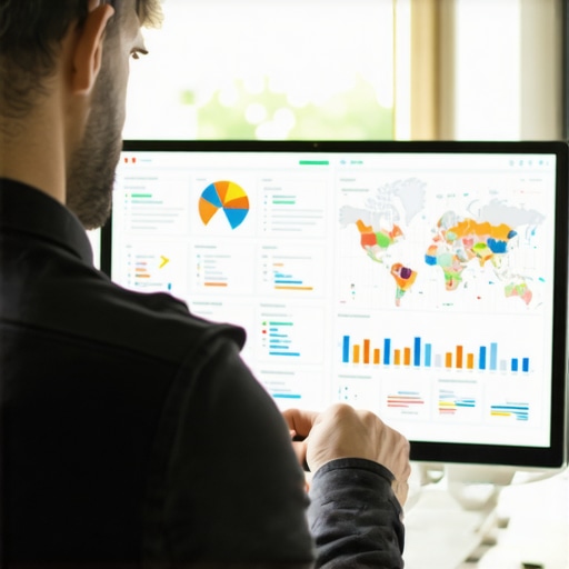 Business owner reviewing local SEO performance on a laptop with charts and maps