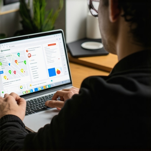 Business owner reviewing Google Maps ranking data on a laptop