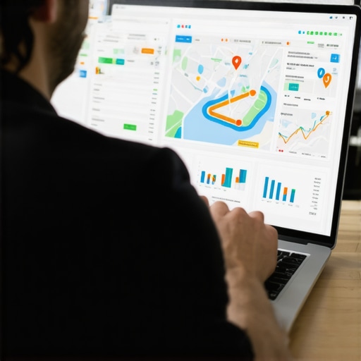 Business owner analyzing local SEO performance data with charts on laptop
