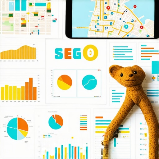 A desk with monitor displaying SEO analytics and maps.
