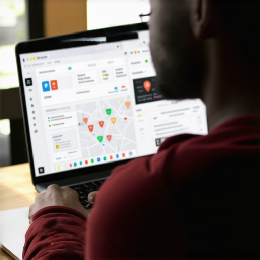 Person analyzing local SEO ranking data and Google Maps for business visibility enhancement.