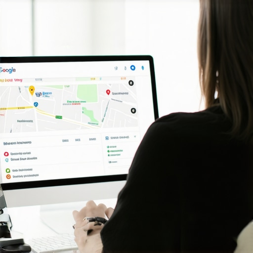 A person working on Google My Business profile with maps and SEO tools.
