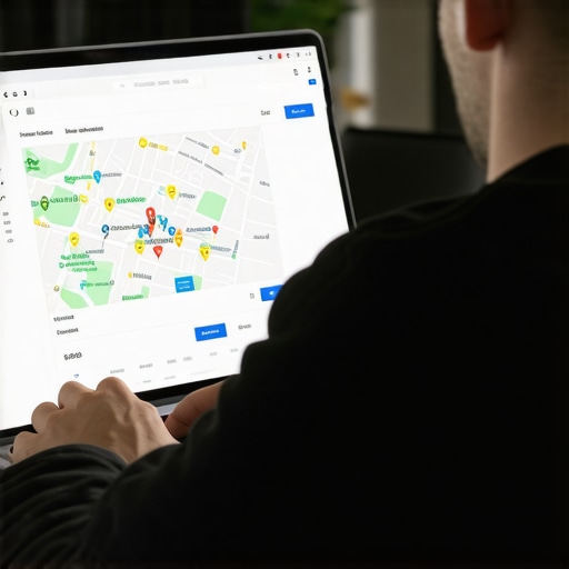 Business owner updating Google My Business profile on laptop with local maps analytics.