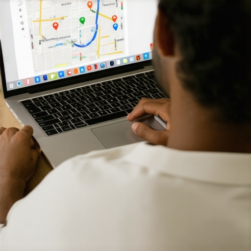Person updating Google My Business profile on laptop with local maps and analytics