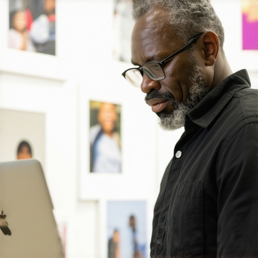 Business owner editing Google My Business profile on a laptop with local community posters in the background.