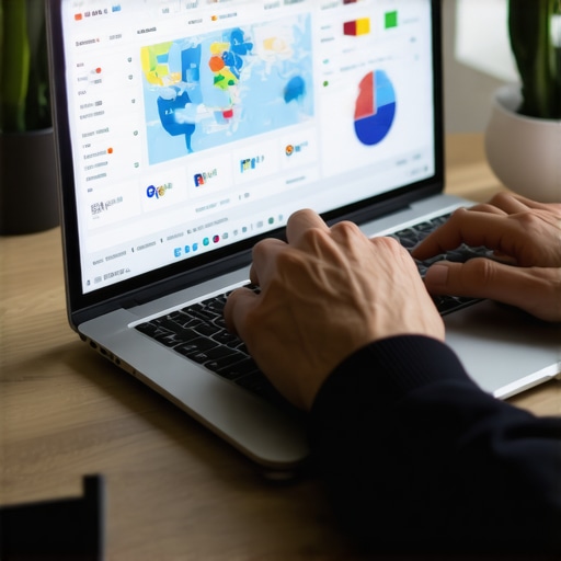 Person analyzing local SEO data on a laptop showing maps and charts in an office