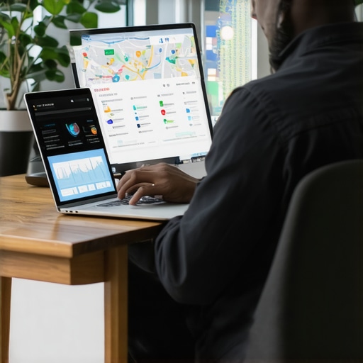 A digital marketing professional reviewing local map ranking data on a laptop.