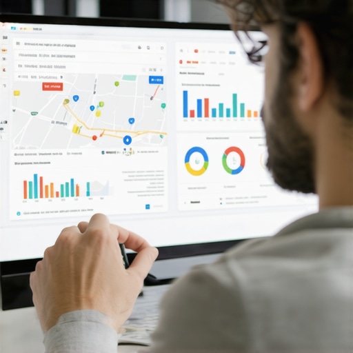 A business owner reviewing Google Maps ranking data on a monitor
