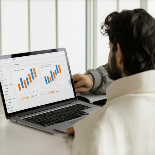 Person analyzing local SEO metrics on a laptop with SEO dashboards.