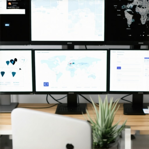 A professional workspace showing screens with SEO analytics and maps for local ranking