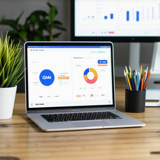 A workspace with a laptop displaying local SEO analytics and GMB management tools.