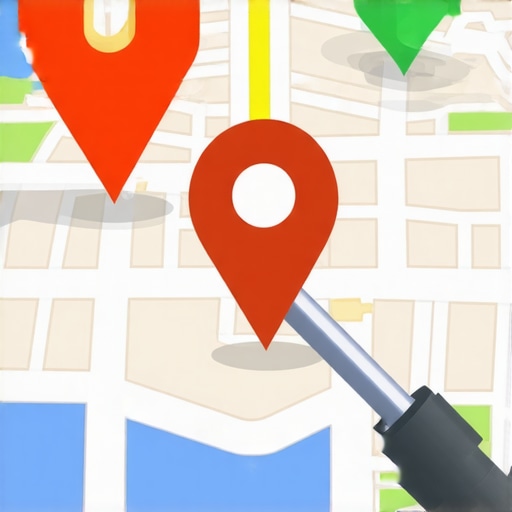 Map with location pins and magnifying glass for local SEO analysis.