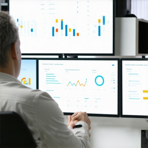 Business owner reviewing local search data on multiple monitors for maintaining GMB rankings.