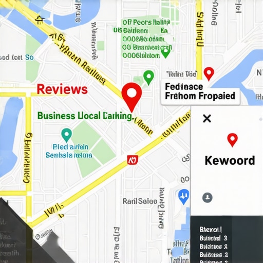 Illustration of a digital map showing optimized local business rankings with icons for reviews, keywords, and listings.