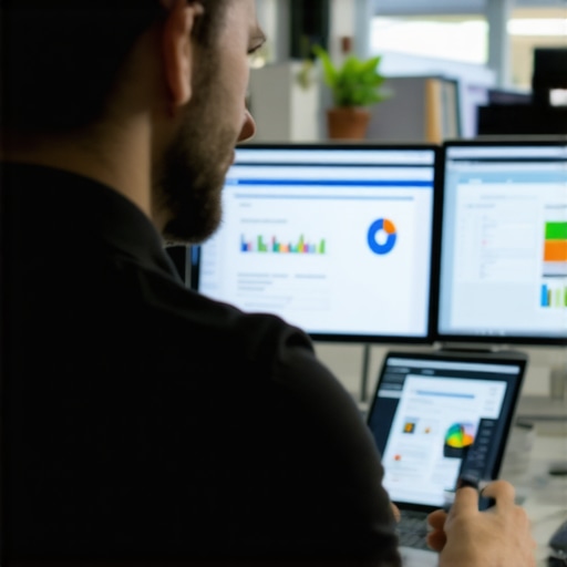 An analyst working on local SEO tools in a high-tech office setting