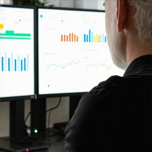 Business owner analyzing SEO analytics on computer screens.