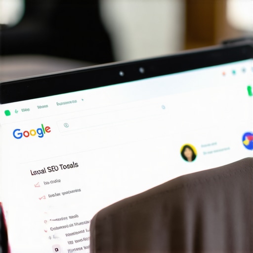 Business owner editing Google My Business profile on laptop with local SEO tools visible.