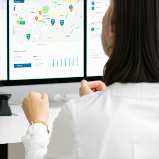 A business owner reviewing digital analytics and maps to improve local visibility