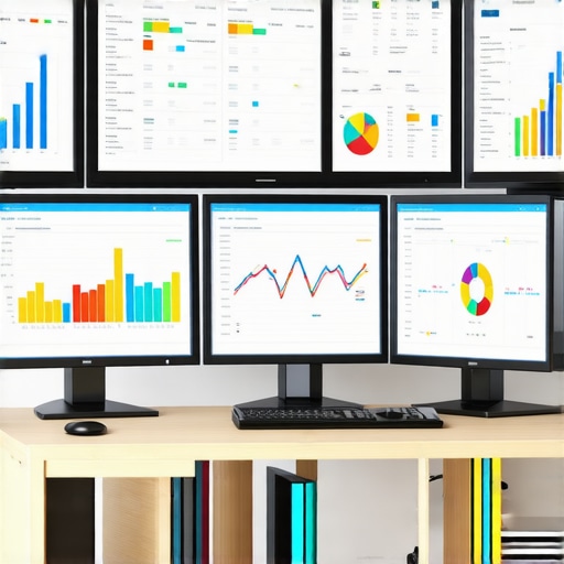 A workspace with monitors showing SEO and analytics dashboards for GMB rankings.