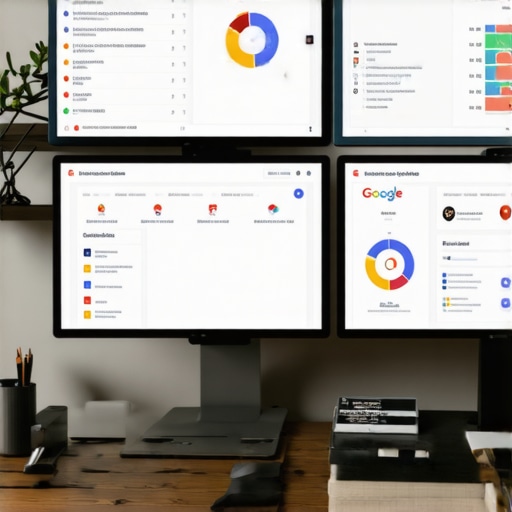 Desk with monitors showing SEO and citation dashboards.