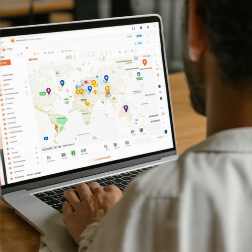 A person analyzing local map rankings on a laptop in a professional setting.